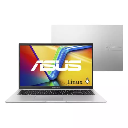 Notebook ASUS Vivobook 15 cinza aberto mostrando a tela e o teclado confortável