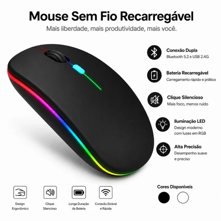 Mouse sem fio recarregável A2 preto com luzes LED coloridas na lateral