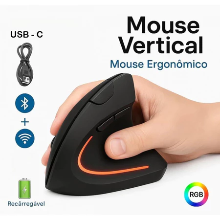 Mouse sem fio vertical ergonômico preto posicionado para descanso do pulso