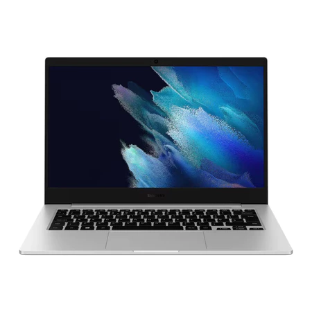 Notebook Samsung Galaxy Book2 aberto com tela Full HD nítida e design premium em alumínio
